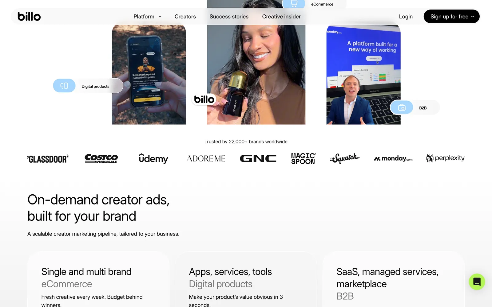Billo for-brands page showing on-demand creator ads and 22,000+ brand logos