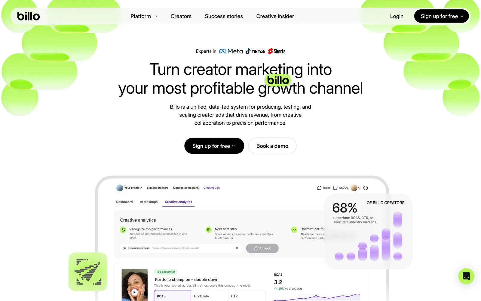 Billo homepage offering UGC video ads from vetted creators