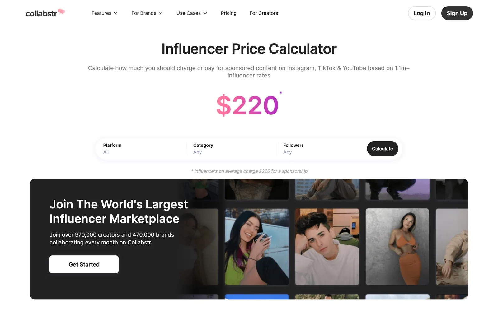 Collabstr influencer price calculator showing a $220 average sponsorship price