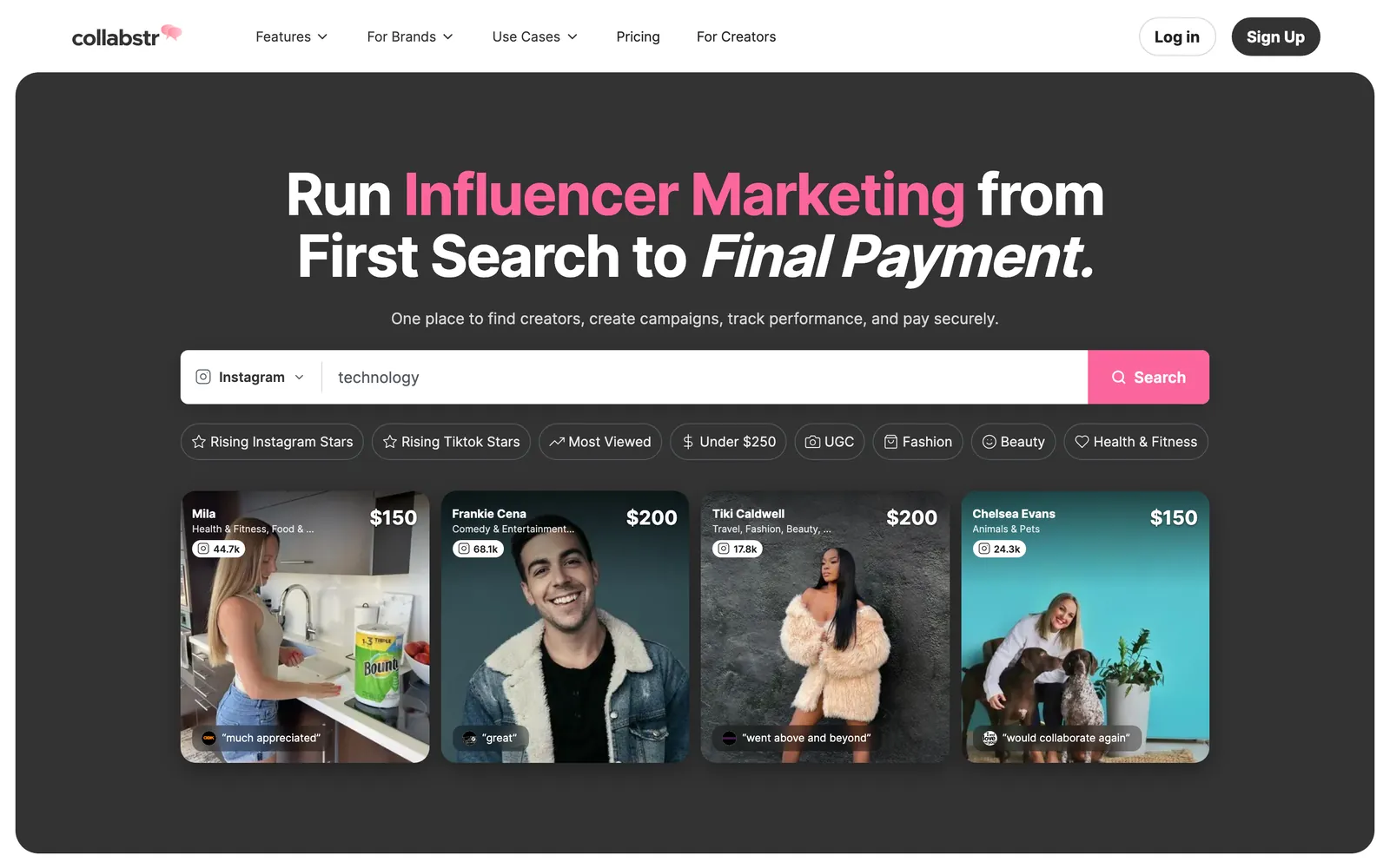 Collabstr marketplace homepage with pre-priced creator listings