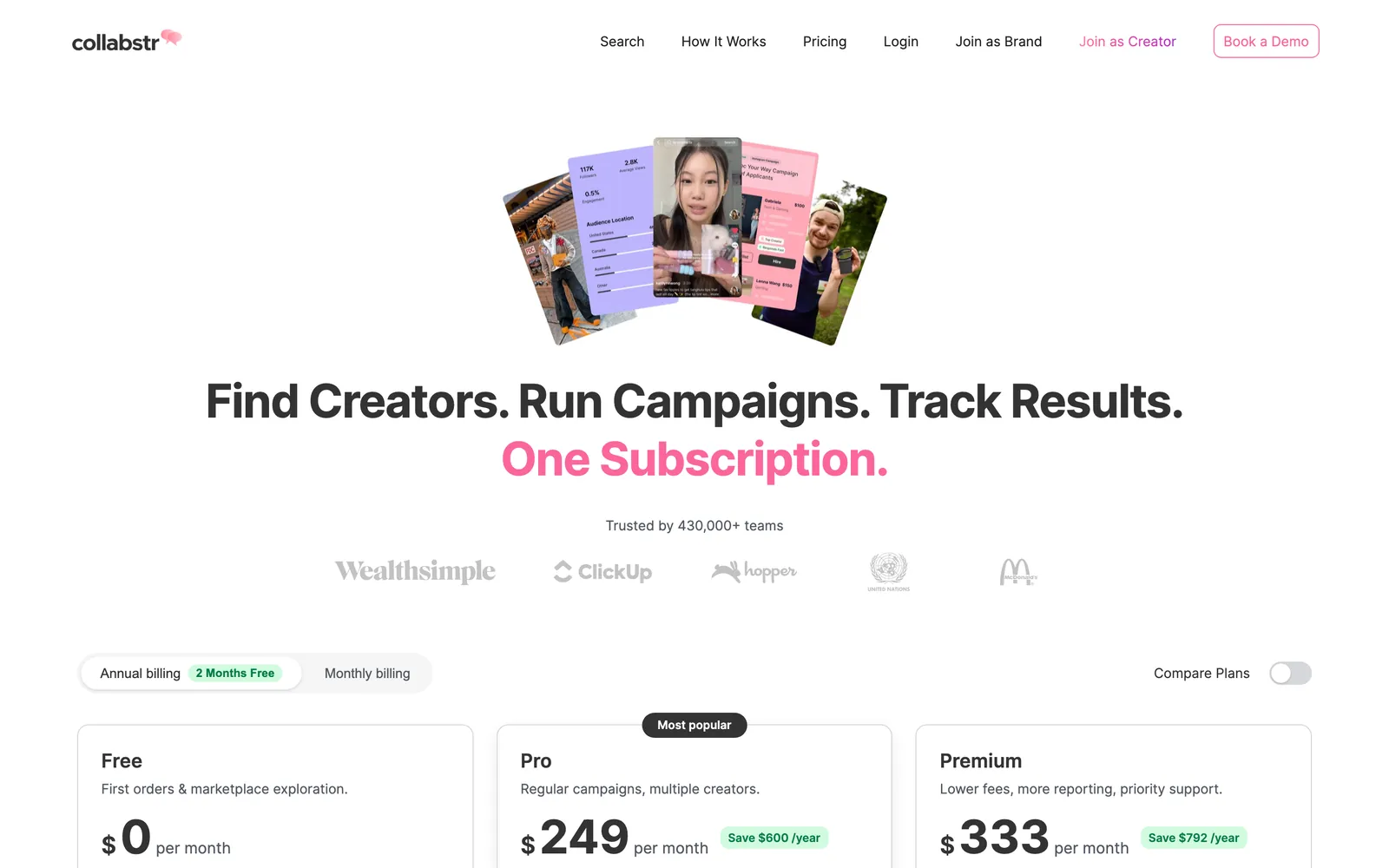 Collabstr pricing page showing Free, Pro, and Premium tiers