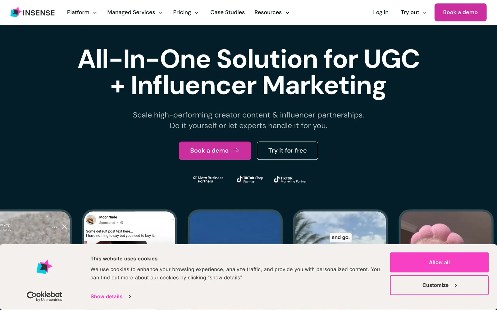 Insense homepage pitching UGC and influencer marketing with ad amplification