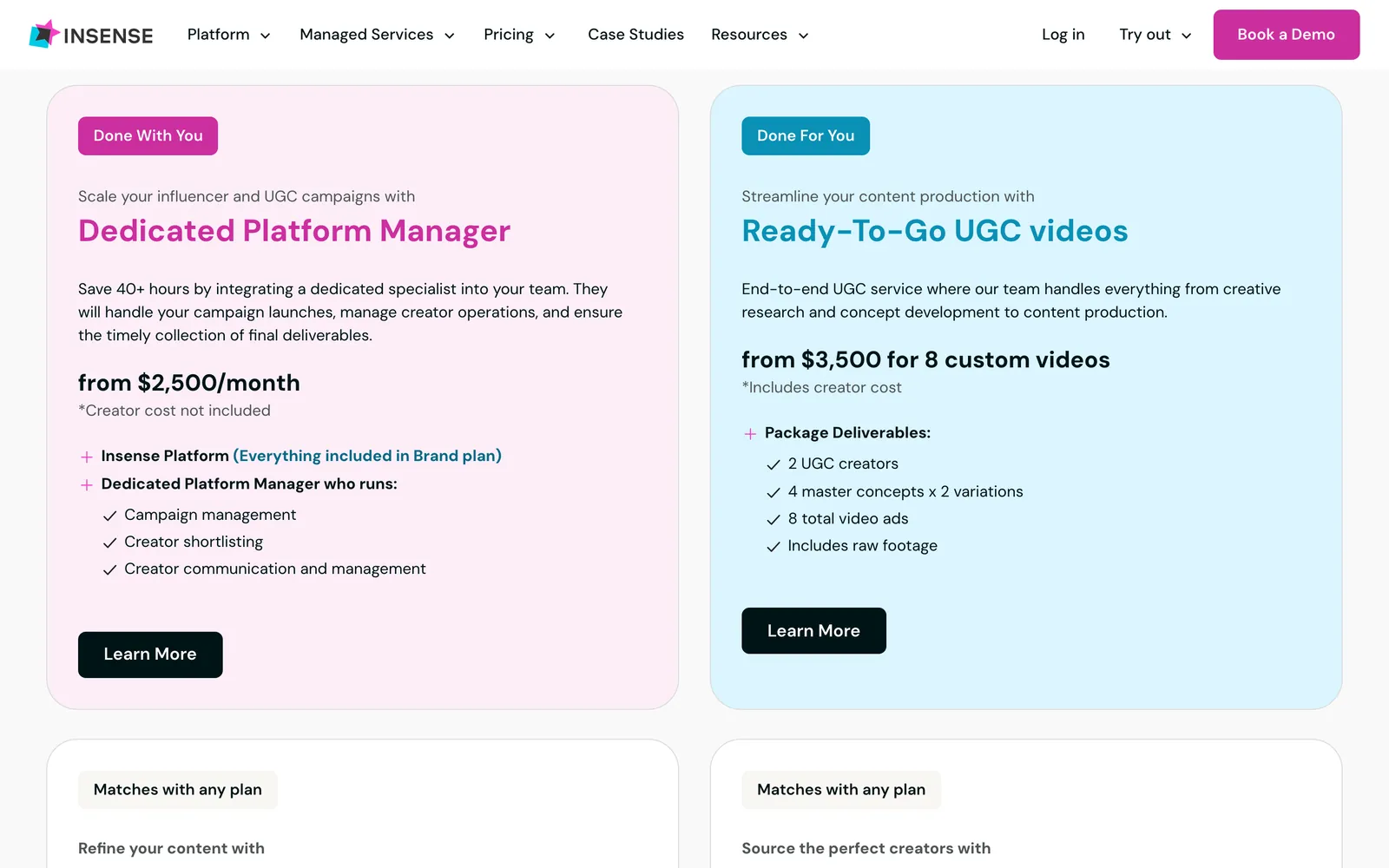 Insense managed service pricing: dedicated platform manager from $2,500 per month and 8 UGC videos from $3,500