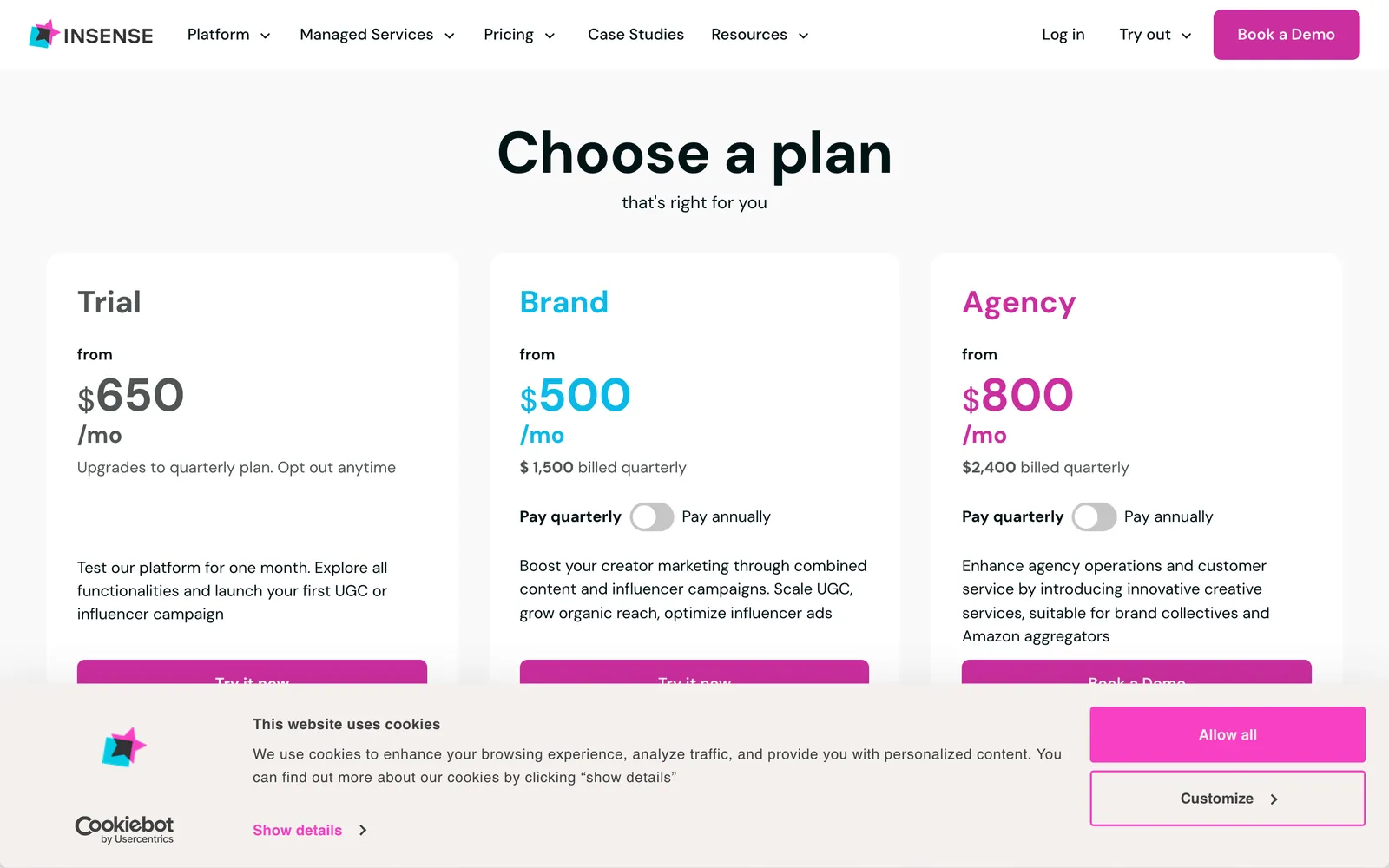 Insense pricing page showing the $650 trial and quarterly Brand plan