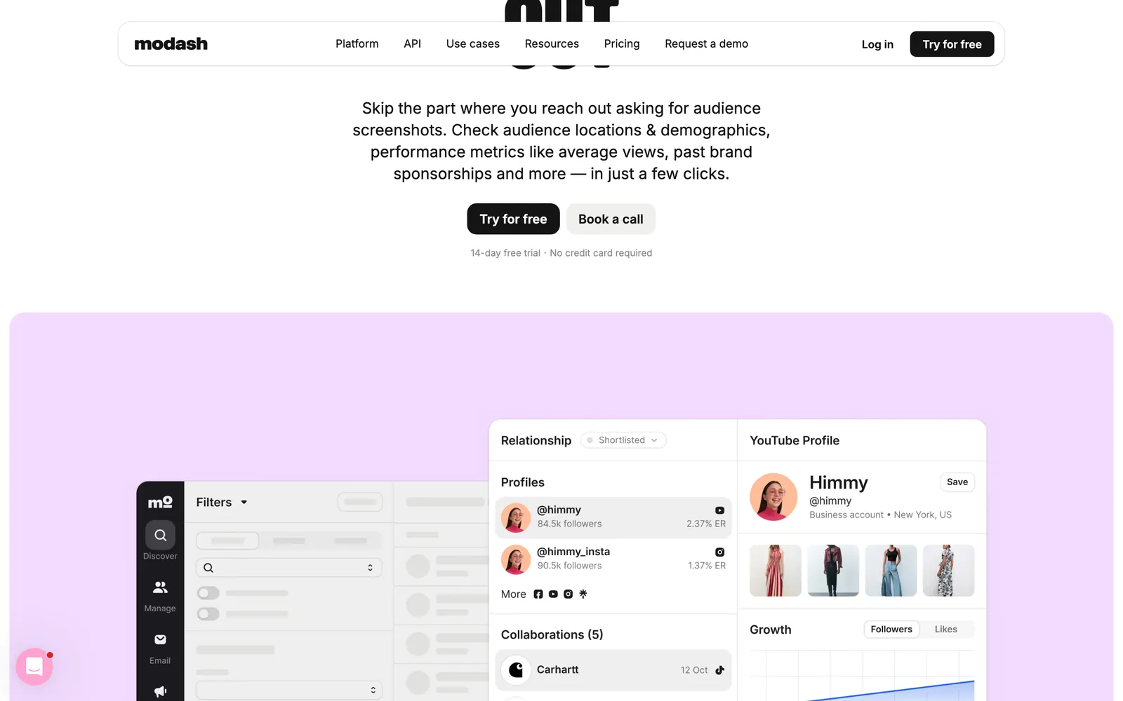 Modash profile analytics with collaborations timeline and growth charts