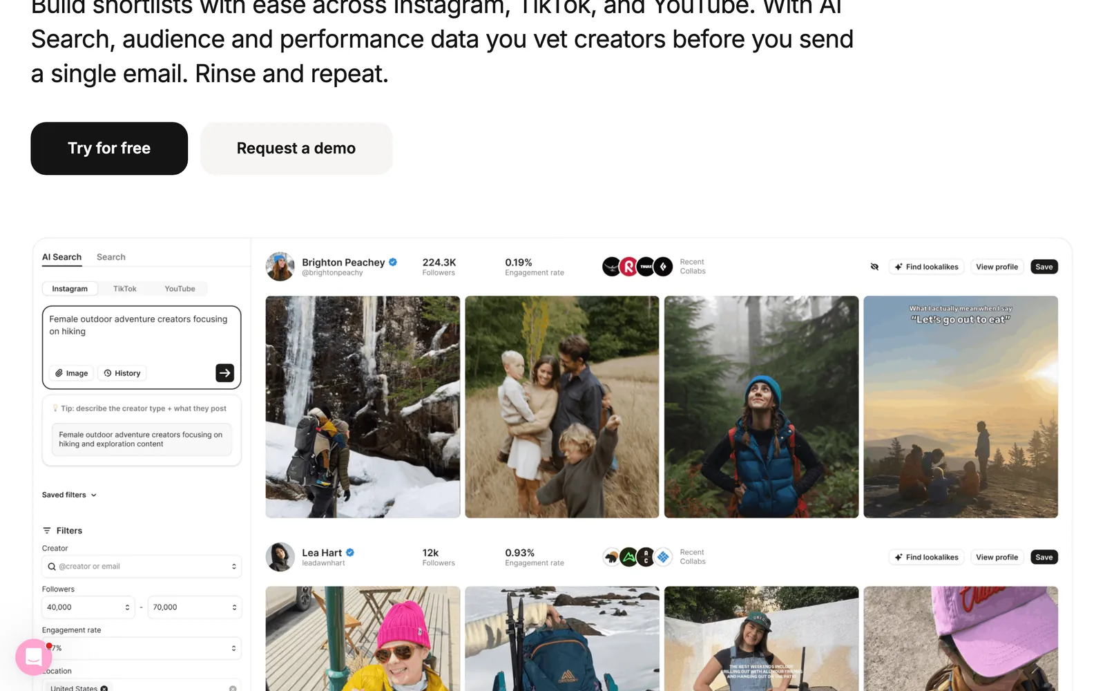 Modash AI search showing ranked creator results with engagement data