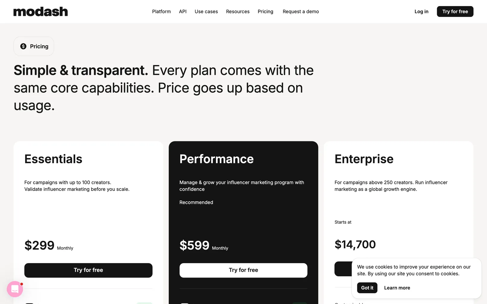 Modash pricing page showing Essentials and Performance tiers