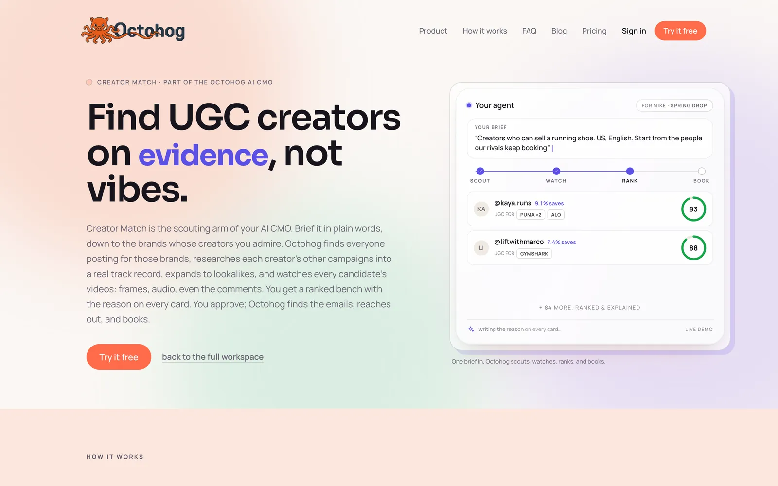 Octohog Creator Match ranking creators by verified brand work with evidence scores