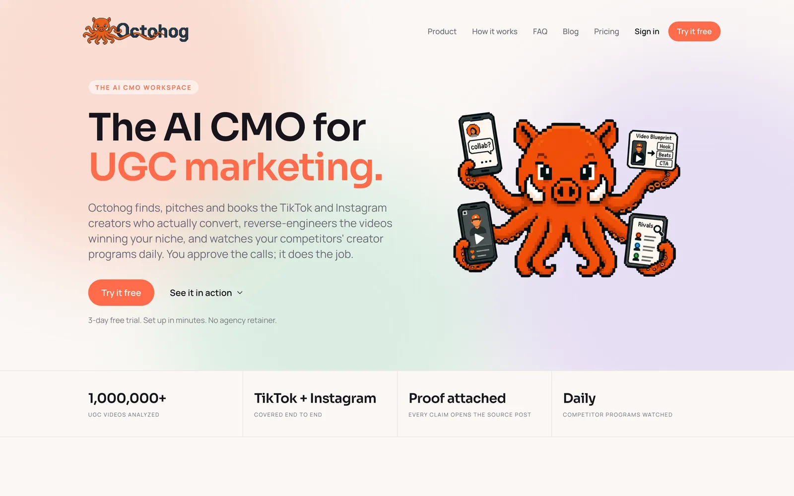Octohog homepage showing the AI CMO workspace for UGC marketing