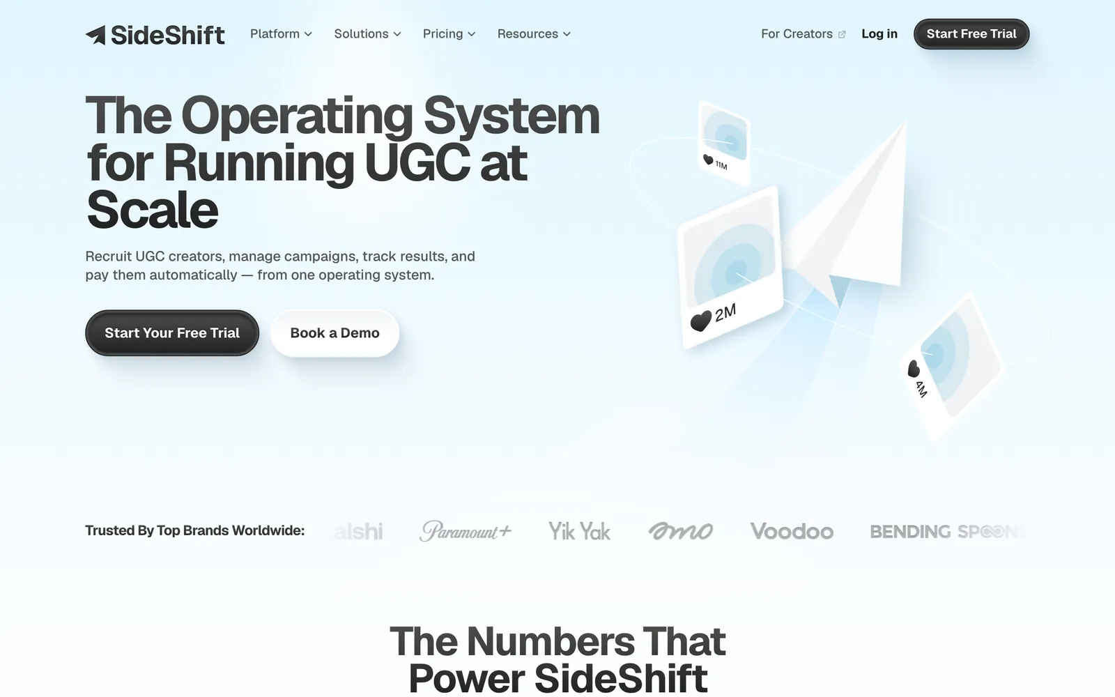 SideShift homepage positioning itself as an operating system for UGC at scale