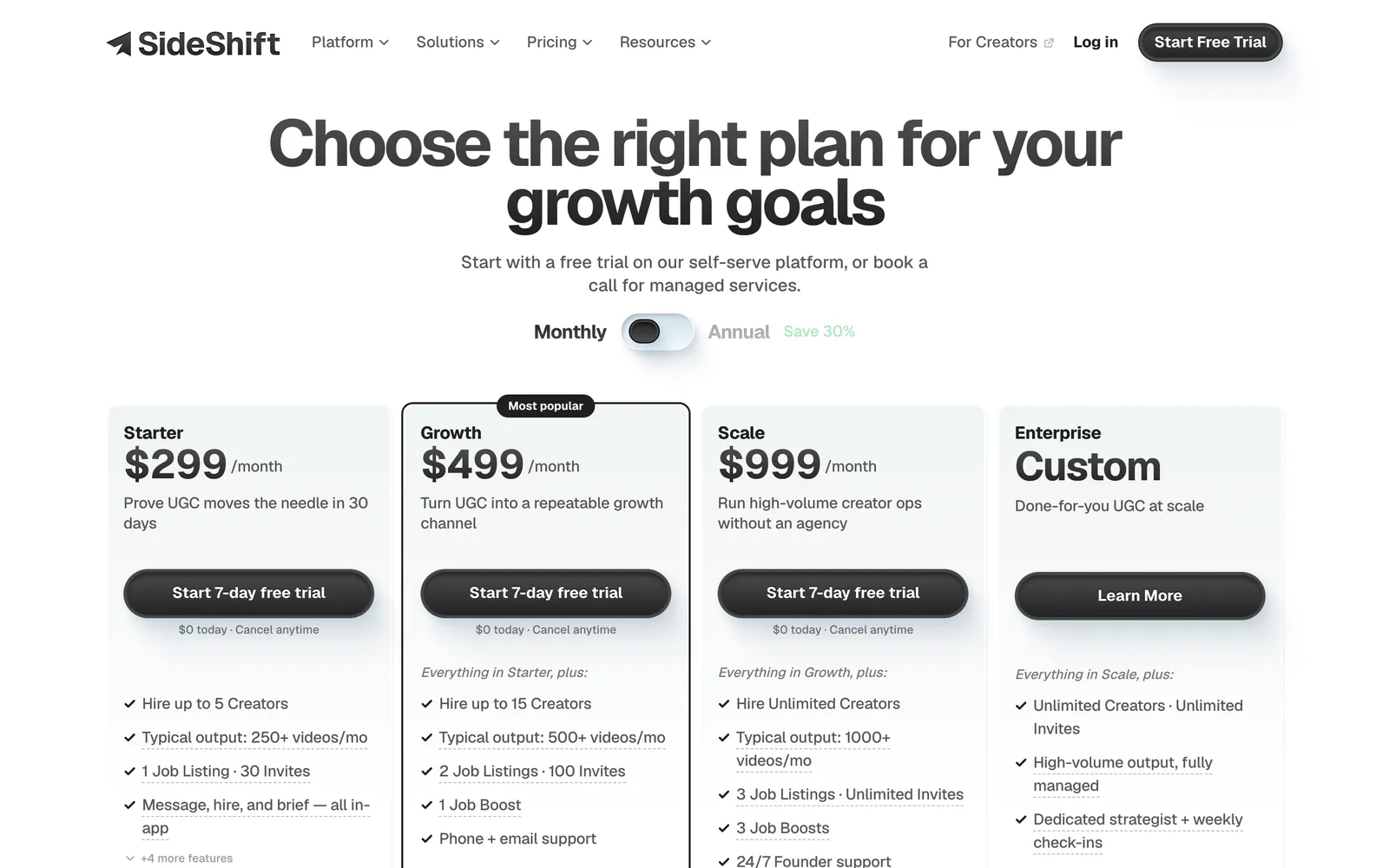 SideShift pricing page with Starter, Growth, and Scale tiers