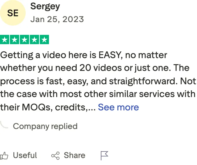 Five-star Trustpilot review praising how easy ordering Billo videos is