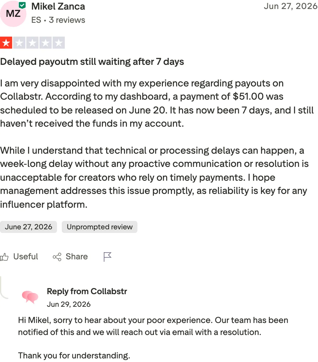 One-star Trustpilot review of Collabstr reporting a delayed payout