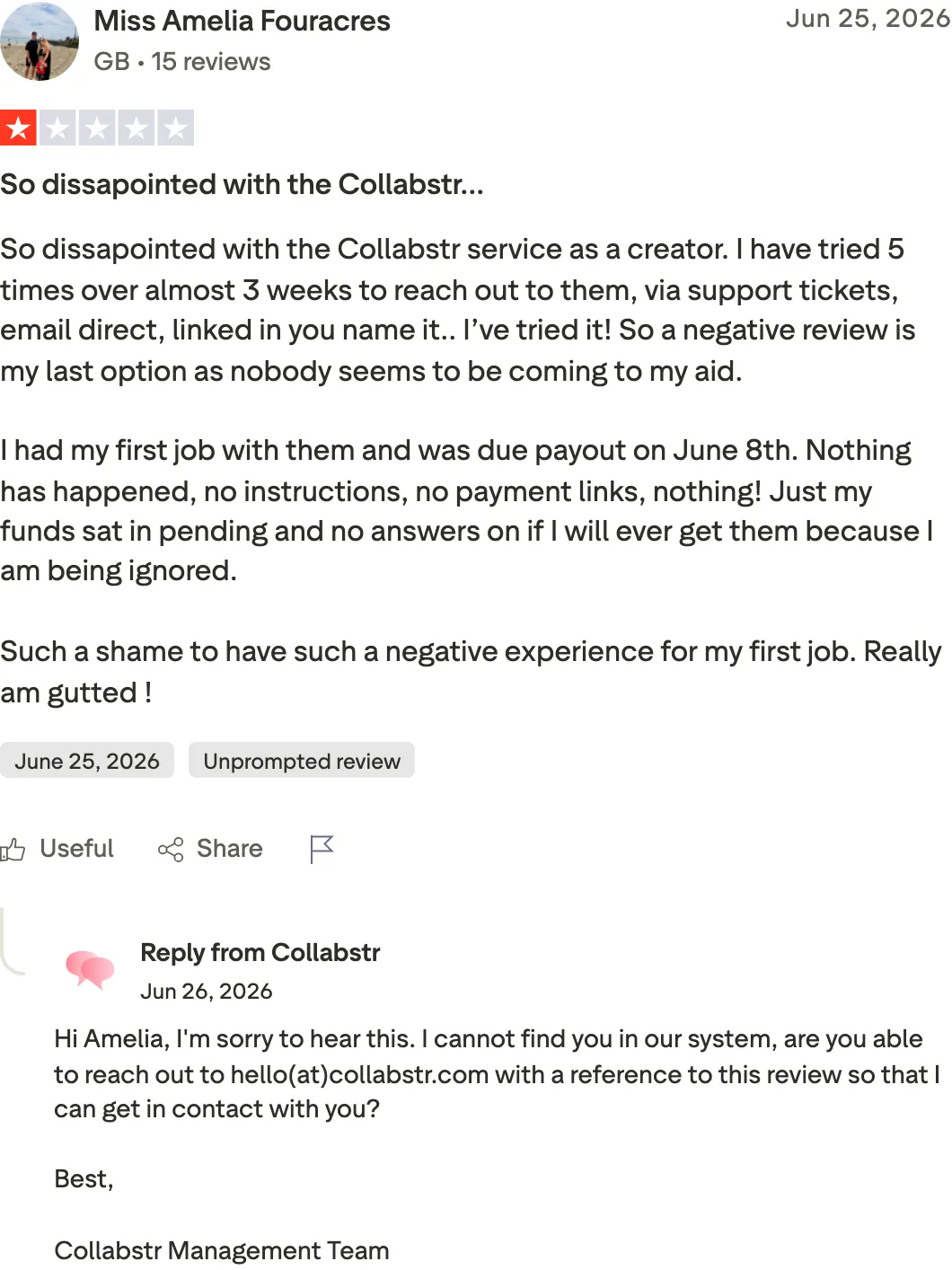 One-star Trustpilot review describing a disappointing Collabstr experience