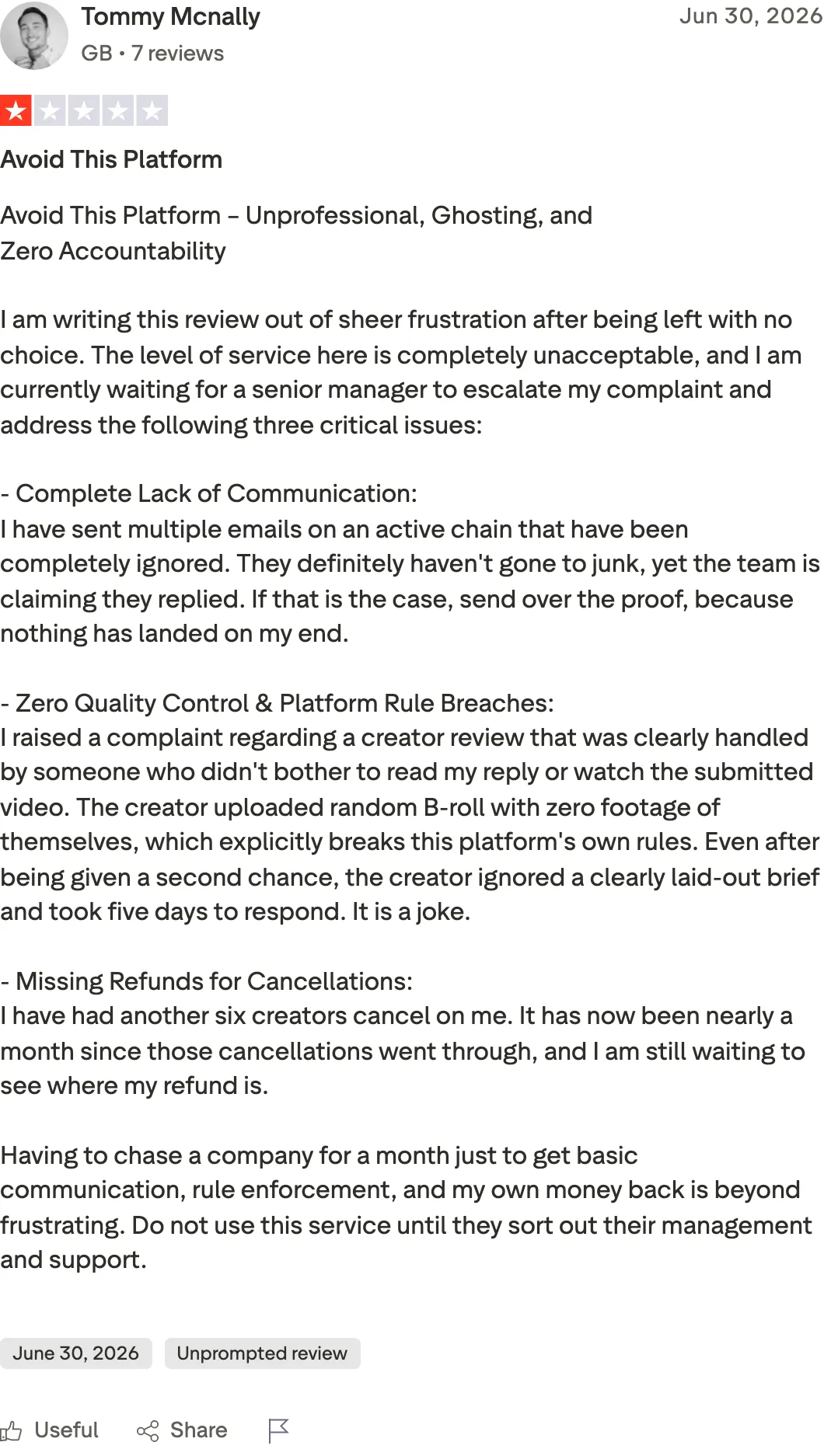One-star Trustpilot review telling readers to avoid Insense