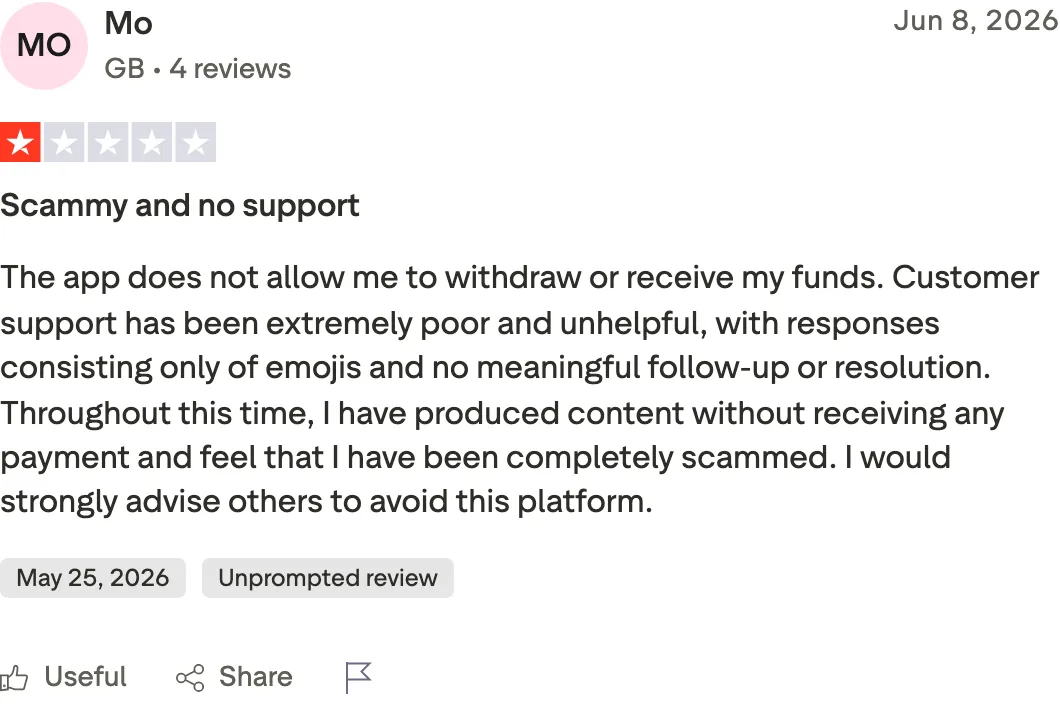 One-star Trustpilot review reporting blocked withdrawals on SideShift