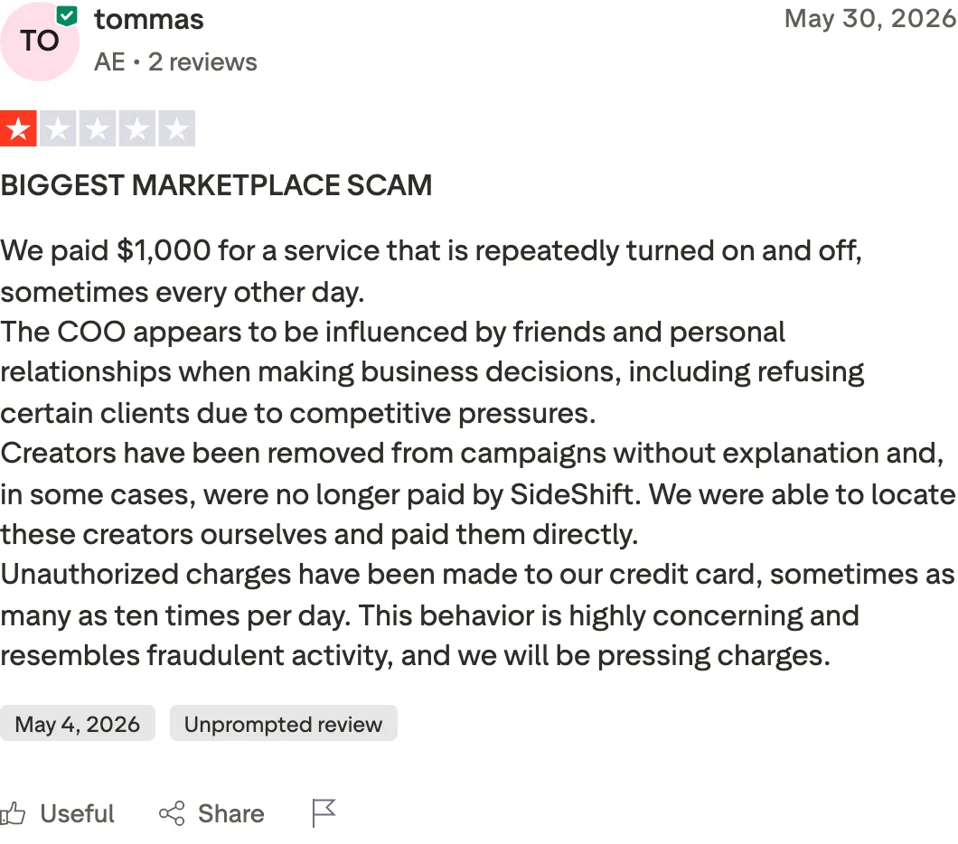 One-star Trustpilot review from a brand disputing a $1,000 SideShift charge